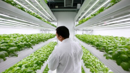 A researcher inspects rows of thriving basil plants in a high-tech hydroponic farm. Bright, artificial lights illuminate the indoor garden, showcasing sustainable farming methods.