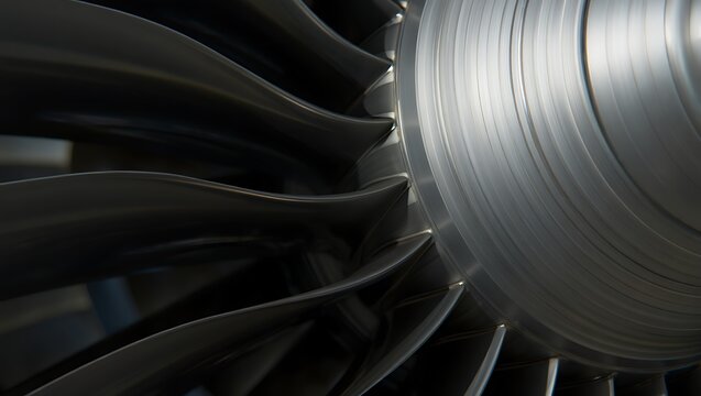 Close up view of a modern jet engine s powerful turbine blades showcasing intricate metallic engineering and aerodynamic design - Powered by Adobe