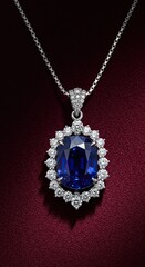 A magnificent sapphire pendant with diamond accents, showcased on a luxurious velvet fabric, exuding timeless beauty ,gift ,gemstone ,fine