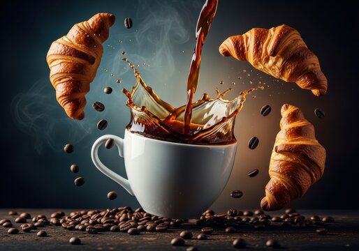 Hot coffee splashing into a white cup surrounded by croissants and coffee beans, dynamic motion