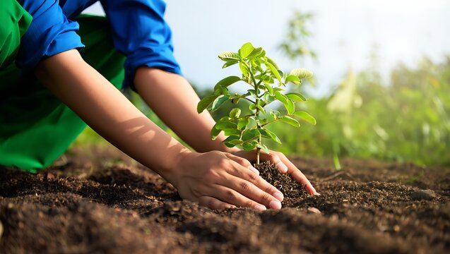Hands planting a young seedling in soil on a bright day