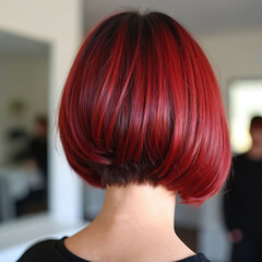 Naklejka premium Woman has short red bob haircut, seen from back. Her vibrant hair color is bold and modern. It is a stylish and fresh look. Hair is well dyed, showing roots subtly. This trendy style is chic.