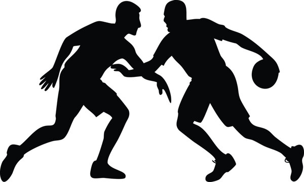 Basketball Defense Dribble Silhouette Vector Logo, Intense One-on-One Action Icon, Court Duel Graphic, Black Art