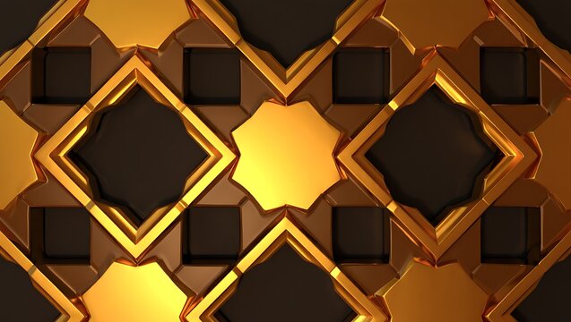 Intricate golden geometric pattern with octagonal and diamond shapes against a dark background evoking luxury and traditional design - Powered by Adobe