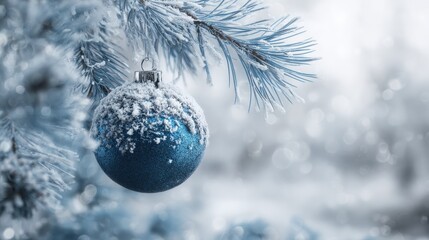 frosted blue christmas ornament on a snowy pine branch winter holiday decoration for festive greeting card new year celebration background