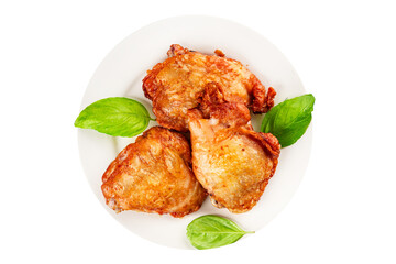 Chicken thighs fried poultry meat dish natural product tasty snack fresh delicious gourmet food background on the table rustic top view copy space