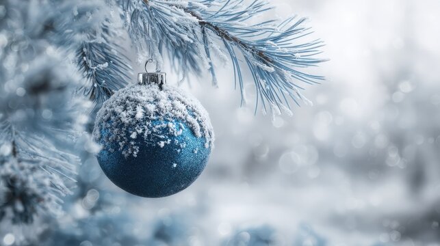 frosted blue christmas ornament on a snowy pine branch winter holiday decoration for festive greeting card new year celebration background