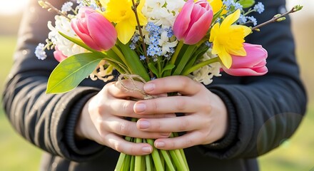 Close up of hands holding a bouquet of spring flowers.
