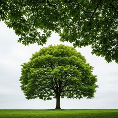 A magnificent, healthy tree stands tall, adorned with an abundance of vibrant green leaves, showcasing nature's robust vitality ,woodland ,oxygen ,vitality