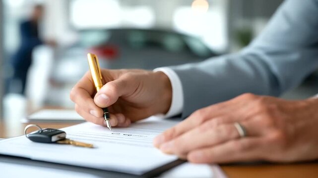 Businessman's hand signing used car purchase paperwork with luxury pen car title and inspection documents visible on desk sales manager's hands sliding keys across table dealers