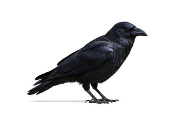 A majestic black crow standing alertly on a seamless white backdrop, emphasizing sharp contrast and detailed plumage ,beak ,cutout ,wild