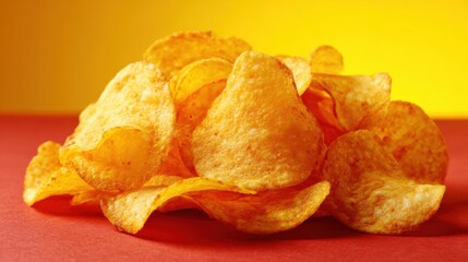 Pile of golden potato chips showcased against a bright yellow and red background. Perfect for parties or casual snacking, these chips offer a delightful crunch.