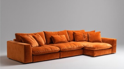 This vibrant orange velvet sectional sofa features soft, spacious cushions, designed for comfort and style. Perfect for adding a bold touch to any living room or lounge area.