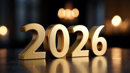 Golden 2026 numbers illuminated by soft bokeh lights representing the upcoming year with a sense of anticipation and celebration