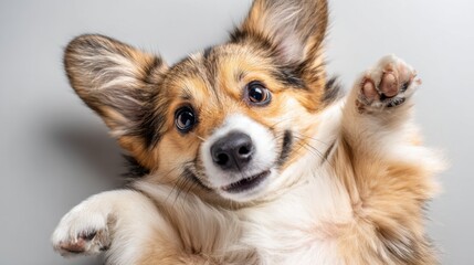 Corgi dog sprawls on its back, showing a joyful demeanor with its ears perked up. The indoor environment is well-lit, highlighting its fluffy coat and happy face.