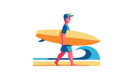 Surfer Walking Toward Waves With Board, Illustrated Minimalism, Beachside Adventure
