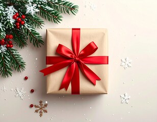 Mockup bo&icirc;te cadeau en kraft avec ruban rouge &ndash; emballage No&euml;l minimaliste &agrave; personnaliser