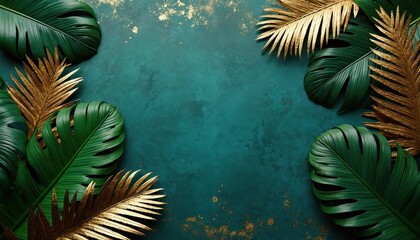 Obraz premium Emerald green monstera and golden palm leaves arranged on dark teal textured backdrop with gold flecks. Lush foliage offers natural elegant design element.