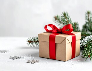 Mockup bo&icirc;te cadeau en kraft avec ruban rouge &ndash; emballage No&euml;l minimaliste &agrave; personnaliser