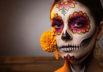 Woman with colorful sugar skull makeup and flower for day of the dead celebration