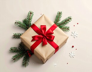 Mockup bo&icirc;te cadeau en kraft avec ruban rouge &ndash; emballage No&euml;l minimaliste &agrave; personnaliser