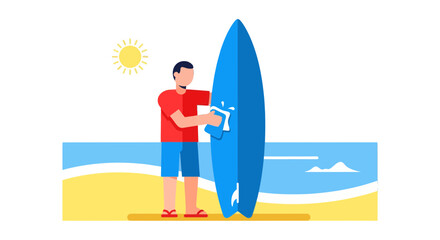 Surfer Cleans Surfboard Before Surfing In The Ocean During A Sunny Day