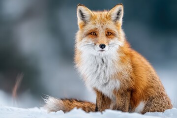 Obraz premium Fox with bright eyes sitting in soft light on snow