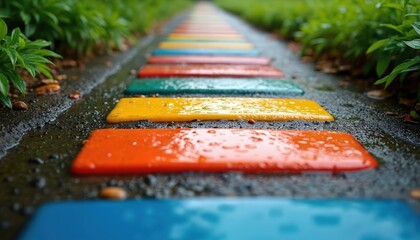 Vibrant stepping stones create pathway through garden. Colorful path offers walkway with diverse hues. Wet stones reflect light, enhance vivid colors. Decorative walkway invites exploration, nature
