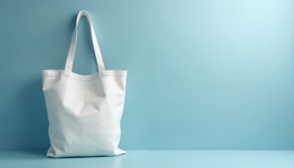 Plain white canvas tote bag with handles on blue. Clean design suitable for branding. Eco friendly fashion. Empty reusable shopper for mock up advert campaign template. Stylish accessory backdrop