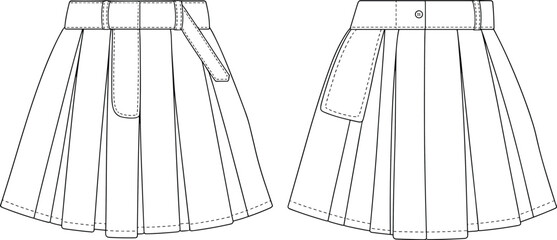 Pleated skirt CAD drawing, technical flat vector illustration with flap detail, fashion design template