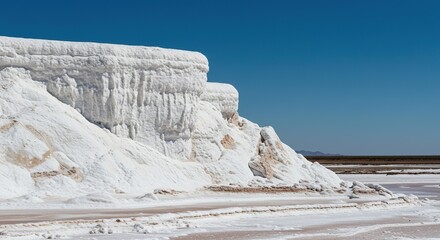 A majestic white salt mountain gleams under bright sunlight, revealing intricate crystal formations and a unique, rugged texture ,salt mountain ,environment ,untouched
