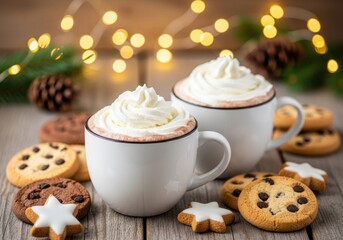 Cozy winter scene with two mugs of hot chocolate topped with whipped cream and cookies
