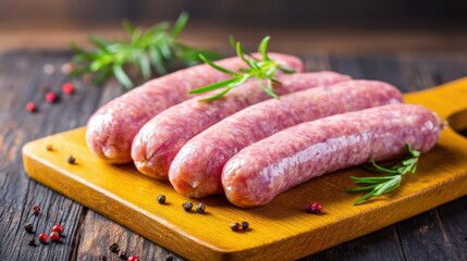 Four fresh sausages are neatly placed on a wooden cutting board. Surrounding them are colorful peppercorns and sprigs of green herbs, creating a rustic kitchen scene.