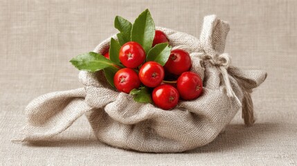 Bright red berries are nestled in a tied cloth bag, surrounded by fresh green leaves. This arrangement gives a natural and earthy feel, perfect for showcasing fresh produce.