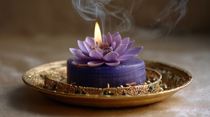 A purple candle shaped like a lotus flower sits on a decorative brass tray. Smoke rises gently from the candle, enhancing the peaceful ambiance of the room.