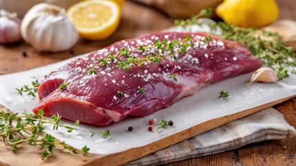 A beautifully arranged piece of fresh meat sits on a wooden board, garnished with herbs, lemon, and garlic in a cozy kitchen. The warm light highlights the textures and colors.