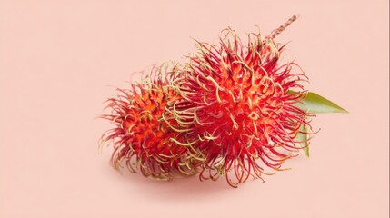 Two ripe rambutan fruits rest against a soft pastel background, showcasing their bright red exterior and interesting hairy texture that makes them distinct and appealing.