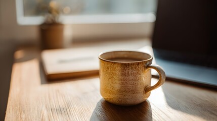 Morning Coffee Break with Laptop and Natural Light on Wooden Desk for Productive Workday and Comfortable Workspace with Focus on Relaxation and Creativity