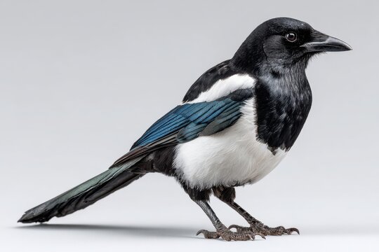 Magpie showcasing vibrant colors on a glossy white background