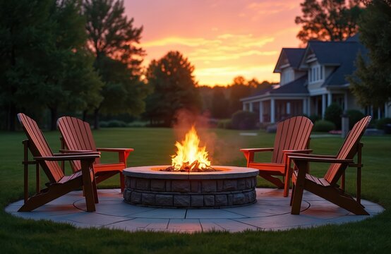 Outdoor fire pit with chairs on lawn at sunset. Fire pit backyard scene shows fireplace with burning flames and garden furniture on patio near modern house. Relax in garden. - Powered by Adobe