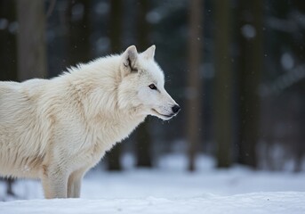 A majestic white wolf with thick fur stands in a snowy forest, its piercing eyes observing the wintry wilderness at dawn ,snow wolf ,powerful ,ice kingdom