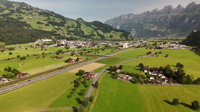 Scenic Aerial View of Rural Countryside and Alpine Landscape Near Flums, Berschis and Walenstadt, Switzerland &ndash; Drone Footage