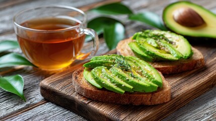 Two slices of avocado toast topped with sliced avocado and herbs sit on a wooden board next to a cup of herbal tea, creating a calm and healthy breakfast scene.