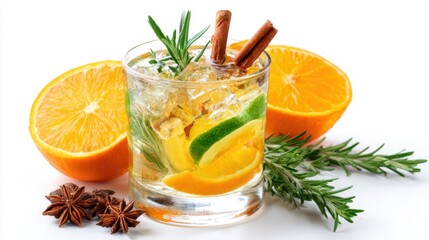 A vibrant cocktail made with citrus fruits, herbs, and spices sits on a white background. Ice clinks against the glass, highlighting the refreshing drink's colors and textures.