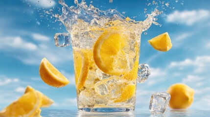 A tall glass filled with ice and lemon wedges splashes as water is poured into it. The scene captures the feeling of summer and refreshment under a bright blue sky.