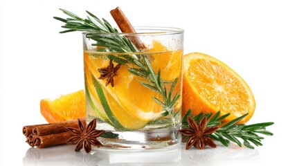 A glass filled with a bright citrus beverage showcasing orange slices and fresh rosemary. Cinnamon sticks and star anise accompany the drink, adding a festive touch.