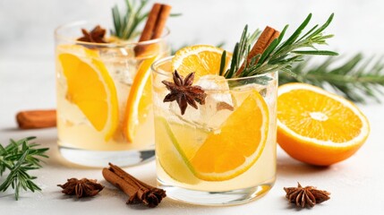 Two glasses of a citrus cocktail display vibrant slices of orange and lime, garnished with cinnamon sticks and star anise. The scene captures a refreshing drink perfect for warm days.