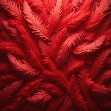 Many vibrant red feathers create soft textured background. Piled together, showing rich color, fluffy detail. Natural pattern provides striking visual for elegant design projects, fashion, festive