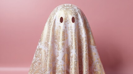 fabric ghost with a golden pattern on light pink background halloween decoration concept or festive holiday greeting card visual for spooky season