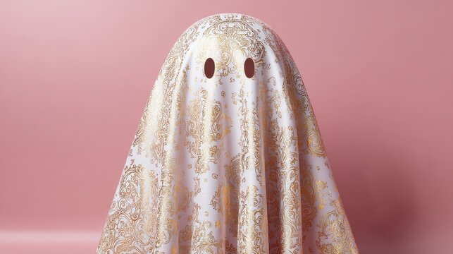 fabric ghost with a golden pattern on light pink background halloween decoration concept or festive holiday greeting card visual for spooky season